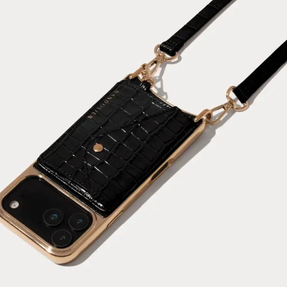 Bandolier Black Croc-Embossed Leather Crossbody I phone 16 case with Gold